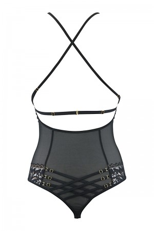 Body string tulle et dentelle noir V-10100 - Axami