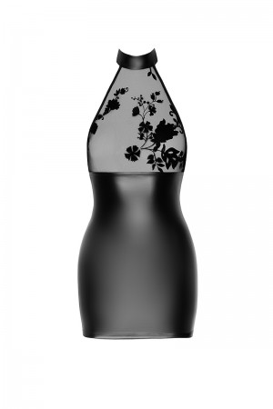 Mini robe dos nu Eros F311 wetlook et tulle floqué