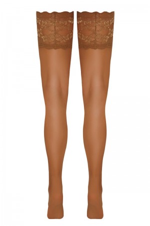 Bas autofixants large jarretière dentelle beige - Cotelli Legwear