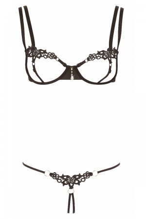 Ensemble dentelle string ouvert et seins nus noir - Cottelli Lingerie