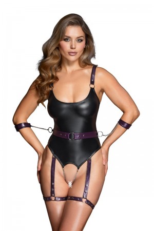 Body à jarretelles ouvert avec menottes - Cottelli Bondage