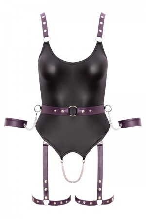 Body à jarretelles ouvert avec menottes - Cottelli Bondage