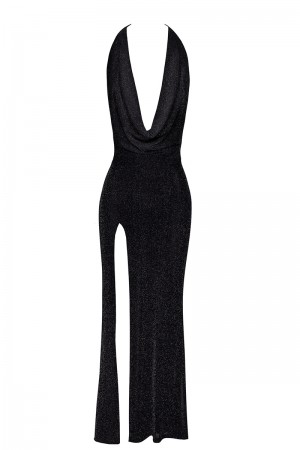 Robe longue fendue Onyx F373 - Noir Handmade