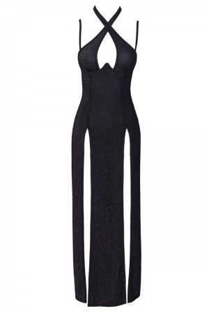 Robe longue à décolleté plongeant noire argentée - Cottelli PARTY