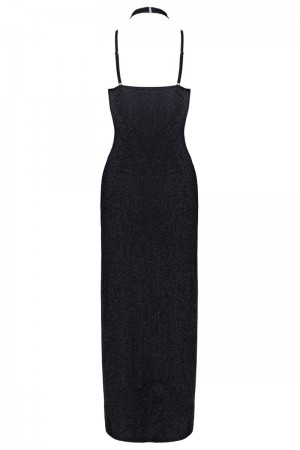 Robe longue à décolleté plongeant noire argentée - Cottelli PARTY