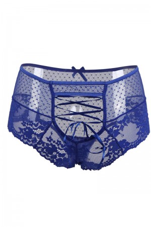 Tanga lacé dentelle taille haute Bleu - Litolu Lingerie