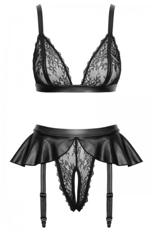 Soutien-gorge et slip fendu à jarretelles noir - Cottelli LINGERIE