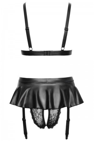 Soutien-gorge et slip fendu à jarretelles noir - Cottelli LINGERIE