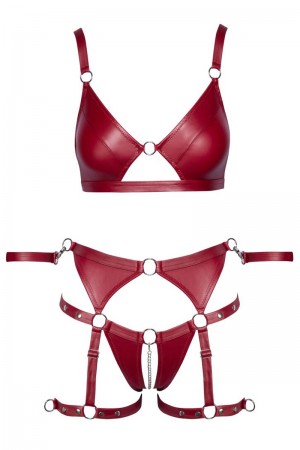 Set soutien-gorge et slip à jarretelles ouvert rouge - Cottelli BONDAGE