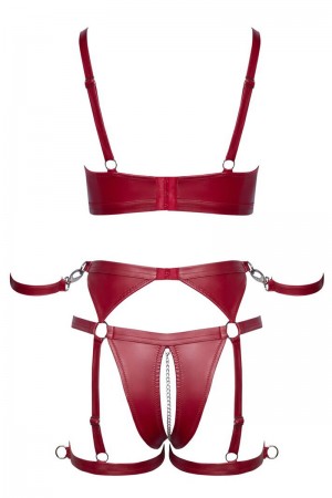 Set soutien-gorge et slip à jarretelles ouvert rouge - Cottelli BONDAGE